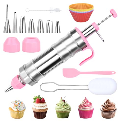 FACIACC Dessert Decorating Syringe Set, Stainless Frosting Piping Kit with 7 Piping Tips & 7 Silicone Cupcakes, Dessert Making Tools for Baking Cupcakes, Cookies & Pastries