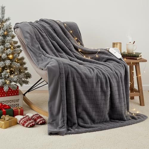 CURECURE Plaid Chauffant Électrique 130x180cm, Peluche Lapin à Grille 3D & Flanelle, 4 Réglages de Chaleur, Arrêt Auto 10H, Plaid Chauffant Lav. en Machine pour Lit Canapé Bureau (Gris Foncé)