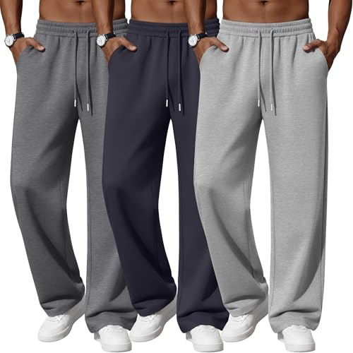Neer Paquete de 3 Pantalones de chándal Holgados y Ligeros para Hombre, con bajo Abierto, cordón Ajustable y 3 Bolsillos.(L,Gris Oscuro, Gris Azulado Oscuro, Gris Claro)