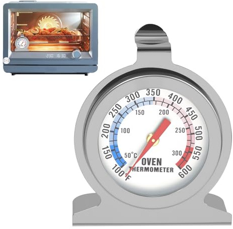 Stainless Steel Oven Thermometer 50-300°C/100-600°F, Oven Thermometer for Inside Fan, Large Dial Instant Read Temperature Gauge for Kitchen Cooking Baking Grilling Smoking BBQ, Silver