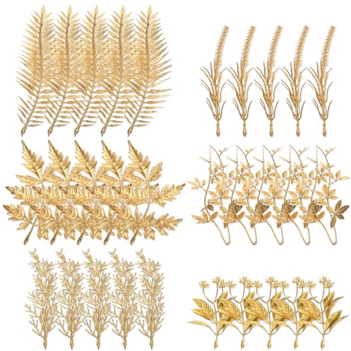 Lnngub 30 minihojas artificiales de oro, hojas artificiales de eucalipto, plantas decorativas de plástico, peonía, lavanda dorada, madreselva pequeña, hoja de sauce, hierba de rosa para bodas, fiestas