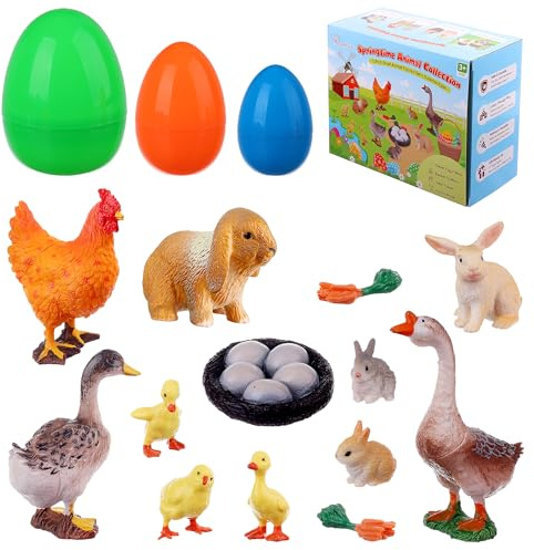 HOMNIVE Juego de 12 piezas pequeñas figuras de animales para Pascua – Conejos, polluelos, patos, colección de juguetes – relleno de huevos de Pascua, relleno de cesta de regalo, decoración de tartas