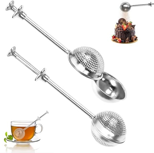 2Pcs Infusor Bola de Te 5cm Acero Inoxidable 304 Doble Cara y Media Cara Filtro de Té Coladores de Té 18cm con Mango Telescópico para Tazas Altas para Tés Sueltos/Especias/Cacao/Azúcar Glas/Repostería