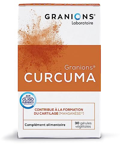Curcuma GRANIONS | Complément alimentaire antioxydant | Curcuma 150mg avec Curcumine + Manganèse + Cuivre + Pipérine | Gelule anti inflammatoire, antioxydant, cartilage | Made in France | 30 géules