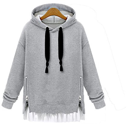 Sweatshirt Damen Kolylong® Frauen Elegant Spitze Sweatshirt Kapuze Herbst Winter Verdickte Lange Pullover Warm Mantel Zipper Jacke Outwear Overcoat Tops Oberteile (XL, Grau)