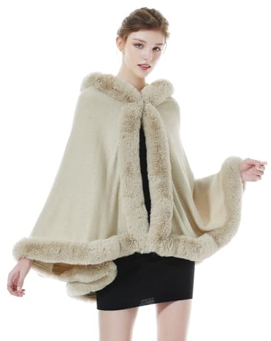 BEAUTELICATE Poncho Mantella di Pelliccia Sintetica Donna Invernale Stola Scialle con Cappuccio Lavorata a Maglia Cardigan per Cerimonia Festa Matrimonio (Beige,Taglia Unica)