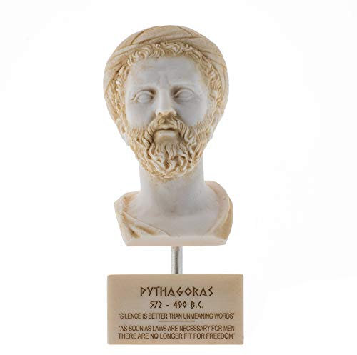 Statua greca del filosofo pitagora busto alabastro tono oro scultura base in marmo