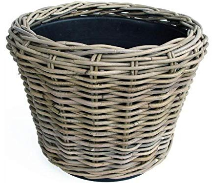 Panier à plantes rond en rotin – Gris beige – Panier en osier avec insert pour extérieur/extérieur – Panier de jardin en osier – Cache-pot pour jardin/pot de fleurs (diamètre 43 cm, hauteur 33 cm)