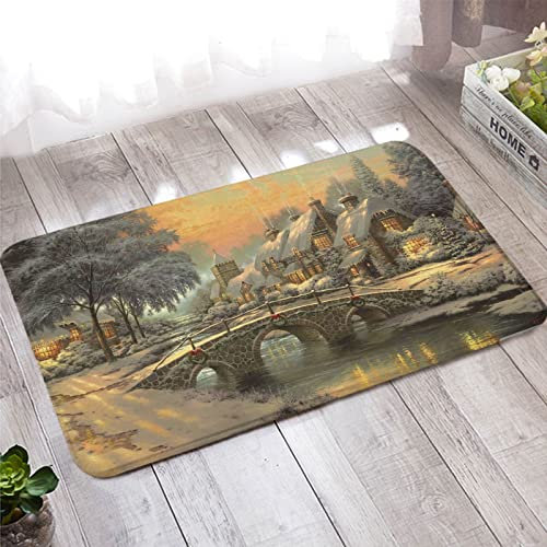 Bishilin Weihnachten Badteppiche rutschfest Waschbar, Türmatten Haustür Innen 60x90 Winter Brücke Dorf Fußmatten Haustür Wohnzimmer Kinderzimmer
