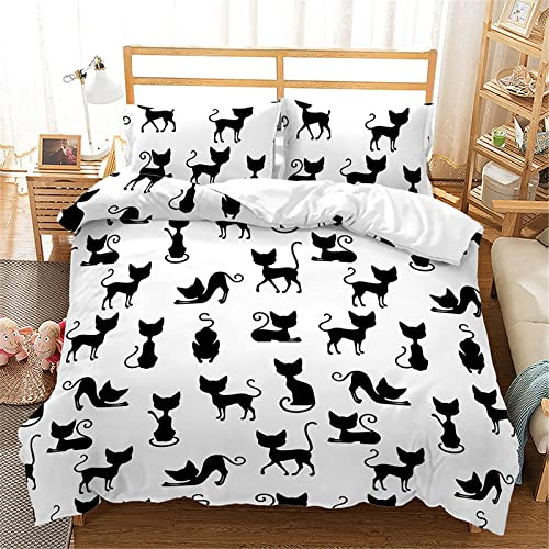 Mateju 3 Piezas Funda Nordica Cama 90/135/150, Ropa de Cama de Estampado Gatos Microfibra Juego de Ropa de Cama con 1 Funda Nórdica y 2 Funda de Almohada (Gato Negro,150x200cm)