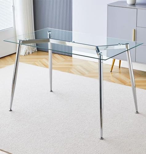 Hallowood Furniture Cullompton Glass Dining Table with Sturdy Chrome Metal Legs, 4-6 Seater Rectangular Table for Dining Rooms, Kitchens, or Cafés, Glass Desk for Office (120x70cm)
