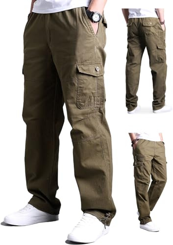 Aotoyou Pantalones Cargo Hombre con Bolsillos Pantalones De Trabajo De Gran Cintura Elástica Amarillo L