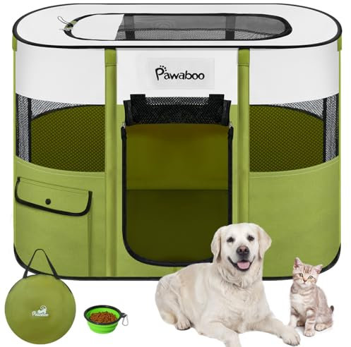 Pawaboo Tragbarer Haustierstall, Faltbarer Hundelaufstall mit Wasserdichtem Oxford, Katzengehege mit Reisetasche Faltbarem Napf, Indoor Outdoor Gebrauch für Welpe Katze Kaninchen, Grün L