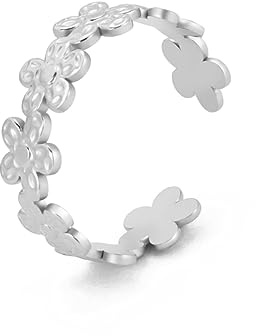 TEAMER Bague Vintage Sweet Hollow Flower Bague d'index en filigrane avec fleur à la mode rétro pour dames Bague minimaliste empilable Bijoux de mode (Style 3 - Argent, Réglable)