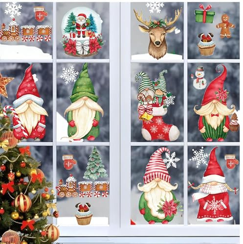 EUDUQ Fönsterbilder jul självhäftande, 9 ark juldekoration med olika element, stor jultomtedekal, snöflingor fönsterdekoration, fönsterklistermärken, juldekoration