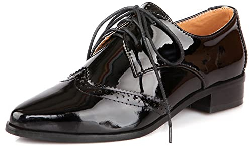 Gicoiz Femmes Bureau Travail Low Bloc Chaussures Brogue Oxford Pointu Décontractée Classique Lacets Ville Formal Escarpin Chaussures Derby Noir Taille 40 EU-41Cn