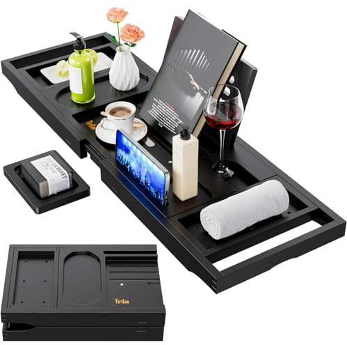 Bandeja plegable para bañera, bandeja retráctil y ajustable, bandeja de baño multifuncional con sillas, jabonera, toallero y soporte para copas de vino, negro