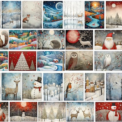 Tarjetas de Navidad con sobre, juego de 30 paisajes navideños mágicos - tarjetas plegables, tarjetas de felicitación navideñas