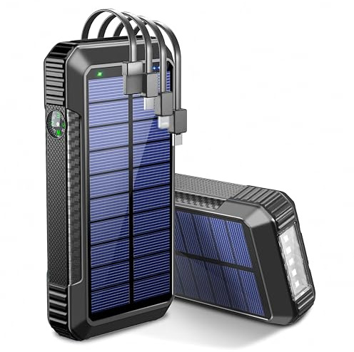 DJKK Solar Power Bank Wireless Charger 52800mAh Built in 4 Cables and LED Camping Lights 22.5W Fast Charging Power Bank 7 Outputs 4 Inputs Portable Charger Compatible with All Mobile Devices (Black)