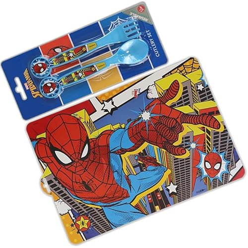 Ensemble de Sets de Table et de Couverts sous Licence Assortis Spiderman Coffret Repas pour Enfants – Cuillère, Fourchette et Set de Table Lavable pour garçons et Filles