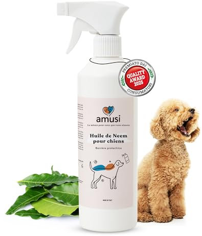 amusi Huile de Neem pour Chiens - 500 ML - Spray Répulsif - Protection 100% Naturelle - Spray Contre Les tiques, Mouches, acariens, poux - Répulsif pour Chiens - Huile de neem