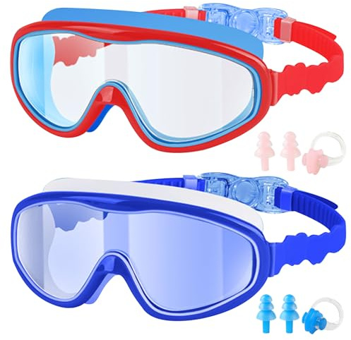 DAVBNM 2 Pack Kids Swimming Goggles, Swim Goggles for Children and Early Teens from 3 to 15 Years Old, Nti-fog, Waterproof, Nose Clip Ear Plugs, Red and Blue