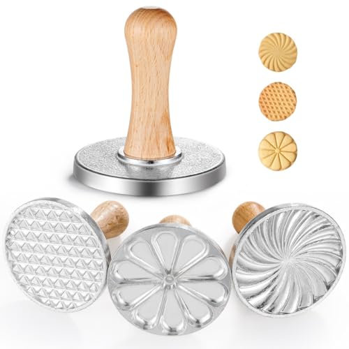 Juego de 3 sellos para galletas con asas de madera, prensas de aleación de zinc de 3.1 pulgadas para decorar galletas, pasteles y pasteles