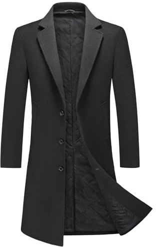 MODFUL Mens Long Wool Trench Coat Padded Knee Length Warm Overcoat Casual Peacoat Slim Fit Outwear (Black, XL)