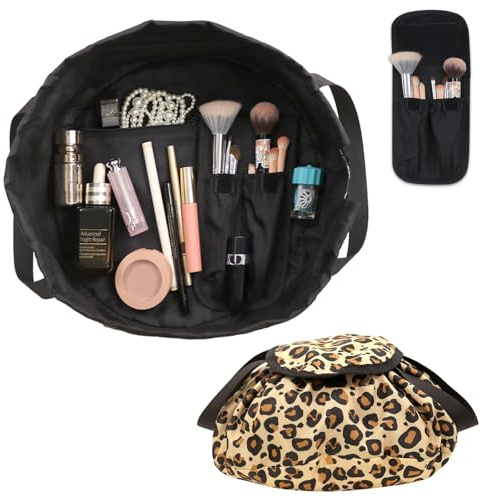 SUMBABO Drawstring Makeup Bag Open Flat ¨C Barrel Drawstring Cosmetic Bag for Women Toiletry Bag for Travel with Brush Bag (Leopard)