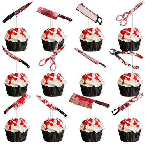 Tsffae 1 Ensemble De Décorations De Cupcakes en Forme De Couteau pour Halloween, Décorations De Gâteaux d'anniversaire Effrayantes pour Halloween, Thème Couteau Sanglant