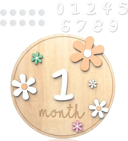 1 Baby Milestone Cards with 0-9 Digits - Wooden Round Baby Monthly Milestone Cards - 3D Multi-Color Daisy - 10 Adhesives - New Mom Gift Newborn Growth (Wood Color)
