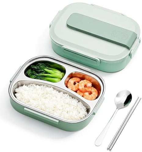 Boîte à lunch thermique, boîte à lunch 3 compartiments de 1000 ml en acier inoxydable avec couvercle et couverts étanches, récipient alimentaire portable de capacité pour boîtes d'étudiants