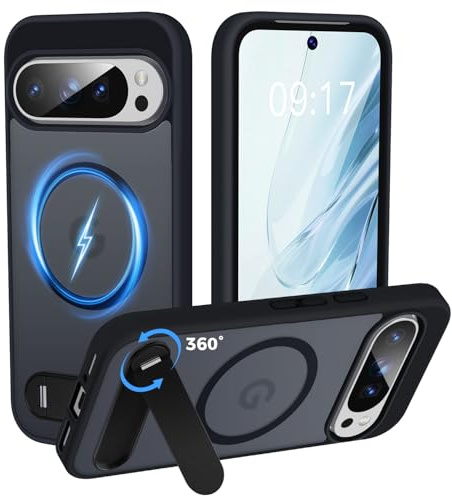 OLHAOMAO New-One Handy Hülle für Google Pixel 10/10 Pro [360° Unsichtbarer Kickstand] [Magnetisch & MagSafe] [Militärisch Stoßfest] Silicone Bumper Dünn 5G Ständer Case - Matte Schutzhülle Schwarz