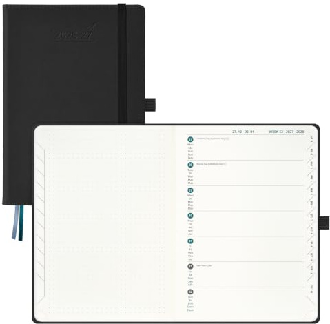 BEZEND Agenda Escolar 2026 2027 Semana Vista A5 15,5 x 21 cm, 18 Meses de Jul.26 a Dic.27, Vista Semanal con Página de Puntos, Papel de 90 GSM, Tapa Dura Cuero PU - Negro