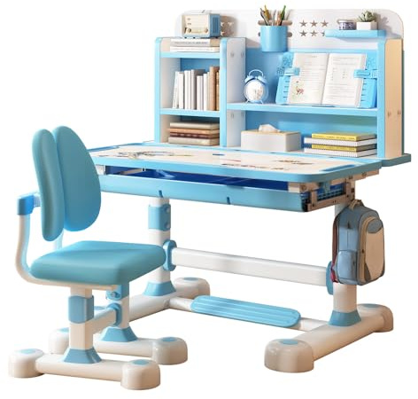 Fiauli Kinder-Schreibtisch- und Stuhl-Set, höhenverstellbar, multifunktionaler Schreibtisch mit Schublade, Bücherständer, ergonomischer Lerntisch für Mädchen und Jungen von 3–16 Jahren (Blau 2)