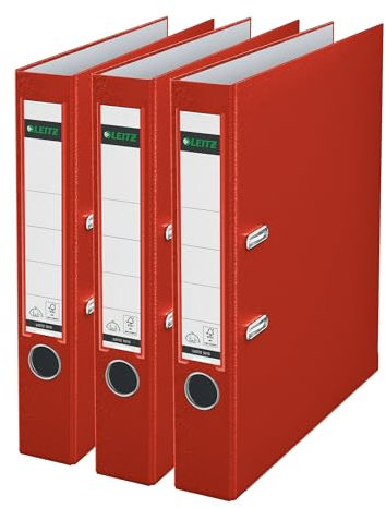Leitz Qualitäts-Ordner 180° Plastik, 3er Pack, das Original, DIN A4 Aktenordner 5 cm schmal, 90% Recycling-Karton, 30% Pre-Consumer Recycling-Kunststoff, Mit 180° Mechanik, 350 Blatt, Rot, 310345025