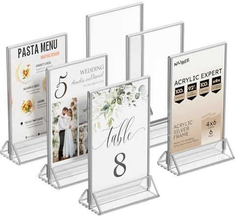 NIUBEE 6Pack 4x6 Clear Acrylic Sign Holder with Silver Borders and Vertical Stand, Double Sided Table Menu Holders Picture Frames for Wedding Table Numbers, Restaurant Signs, Photos and Art Display