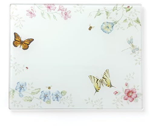 Lenox Kitchen, Butterfly Meadow Large Glass Cutting Board, Glass Material, Cutting Board For Home And Kitchen, Hand Wash Only, Butterflies Design, Tray (White, 1 Piece, 13 Inch W X 10.25 Inch L)