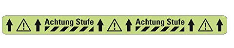 AnTina TAPES® Warnmarkierung Achtung Stufe als Sicherheitsmarkierung, stark selbstklebend, rutschsichere Anti-Rutsch Bodenmarkierung R10 (Achtung Stufe 50mm x 600mm, nach-leuchtend)