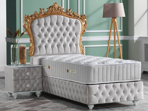 Casa Padrino Barock Schlafzimmer Set Grau/Weiß/Silber/Gold - Prunkvolles Einzelbett mit Nachttisch - Schlafzimmer Möbel im Barockstil