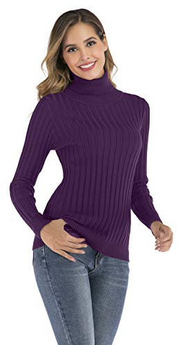 Enjoyoself Damen Rollkragenpullover Langarm Rippen Feinstrick Rolli Warm Stretch Sweatshirt für Herbst Winter Lila,S