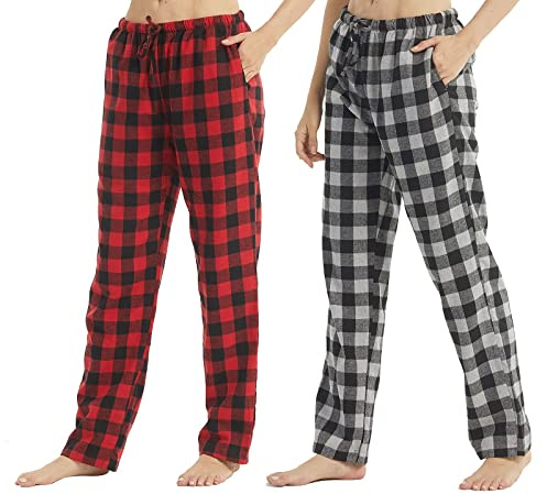 YUSHOW 1-2-pack pyjamasbyxor dam lång bomull vinter flanell rutiga pyjamasbyxor mjuk varm pyjamas med fickor och dragsko