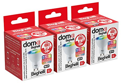 Dom-e Beghelli Lampadina LED Alexa Smart SPOT GU10 RGB-CCT WiFi, Lampada Compatibile con App, Facile Installazione Regolazione di Colori a Luce Calda e Luce Fredda, 3 pz