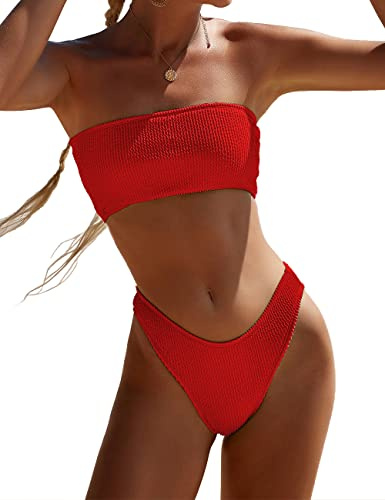 YIMISAN Maillot de Bain 2 pièces Bandeau côtelé sans Bretelles avec Haut de Bikini Taille Moyenne, Rouge, Taille M