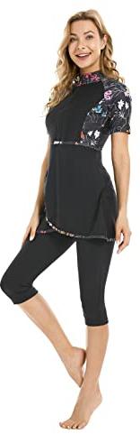 FOKULUNDA 3Pcs Rash Guard Burkini Swimsuits for Women Modest Islamic Swimwear Short Sleeve Bathing Suit(S, F7)
