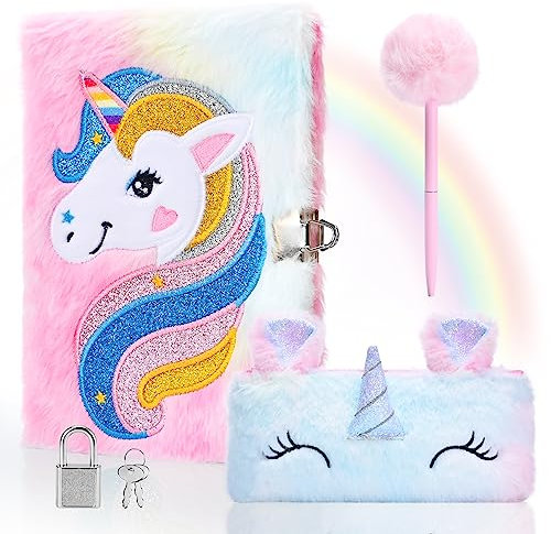 Damcyer Diario Secreto Niña con Candado,Juego de Diario de Unicornio De Felpa Incluye A5 Unicornio Cuaderno de Felpa,Estuche Unicornio y Bolígrafos de Colores Regalos para Niñas 5 6 7 8 9Años,Rosa