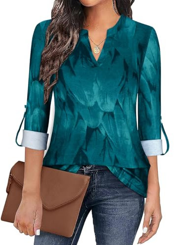 Syphiby Casual Long Sleeve Blouse Shirts, Womens 3/4 Tops For Women UK Ladies Longline V Neck A Line Tunic Roman Evening UK, Peacock Green, XL