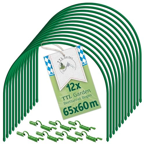 TTL Garden, 12 fogli a tunnel da 65 x 60 cm + 36 clip – Set di 12 gallerie in lamina 65 cm di larghezza in acciaio rivestito, arco rotondo per copertura aiuola rialzata, aiuola rialzata, set con 36
