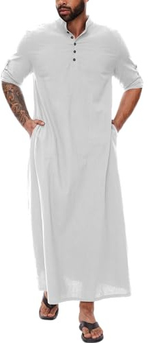 YAOHUOLE Thobe Herren Baumwolle Langarm Herren Kaftan Lang Robe Mens Sommer Weiß XL