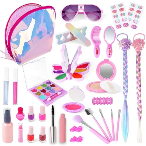 deAO Kinderschminke Set Mädchen, 32-Teilig Waschbar Kinder Make Up Set mit Kinder Schminkkoffer, Schminkset Spielzeug Halloween Weihnachts Geburtstags Geschenke für Mädchen